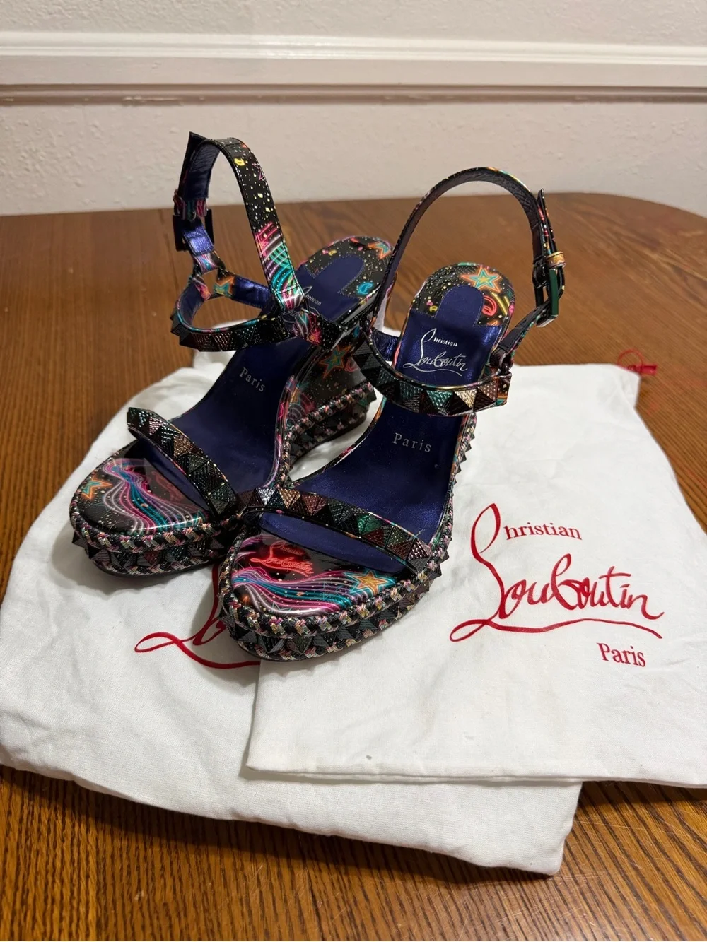 Christian Louboutin Black Multicolor Embellished Platform Wedge Sandals